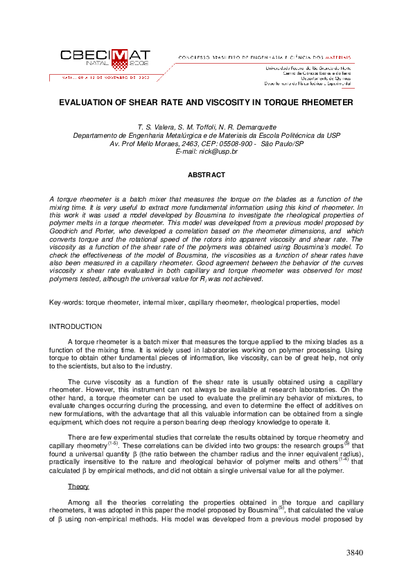 (PDF) 3840 Evaluation of Shear Rate and Viscosity in Torque Rheometer