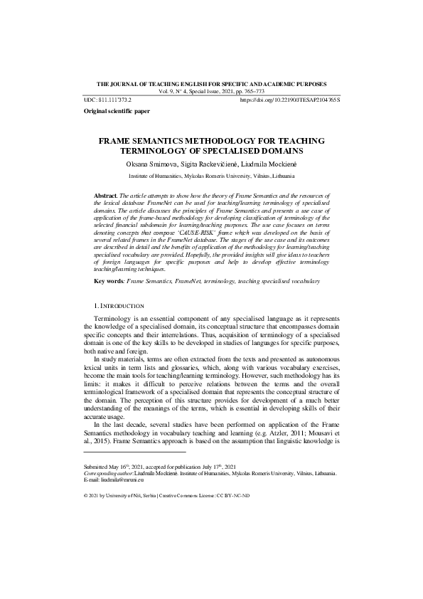 (PDF) FRAME SEMANTICS METHODOLOGY FOR TEACHING TERMINOLOGY OF ...