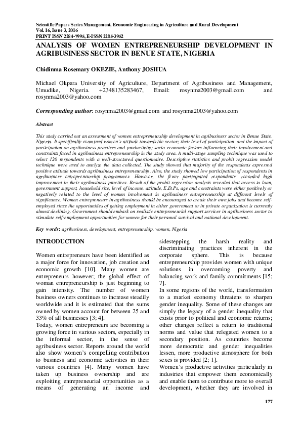 (PDF) Analysis of Women Entrepreneurship Development in Agribusiness ...