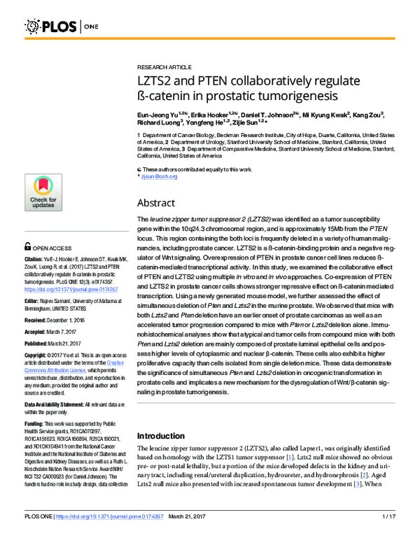 (PDF) LZTS2 and PTEN collaboratively regulate ß-catenin in prostatic ...