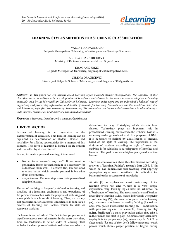 (PDF) Learning Styles Methods for Students Classification