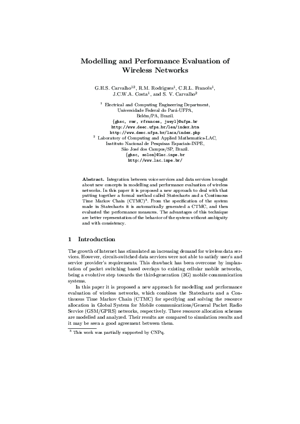 (PDF) Modelling and Performance Evaluation of Wireless Networks