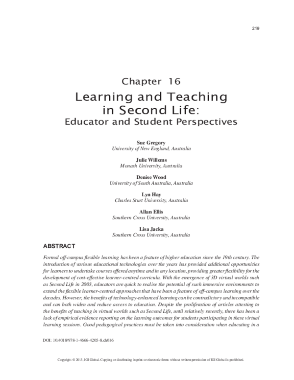 (PDF) Learning and Teaching in Second Life: Educator and student ...