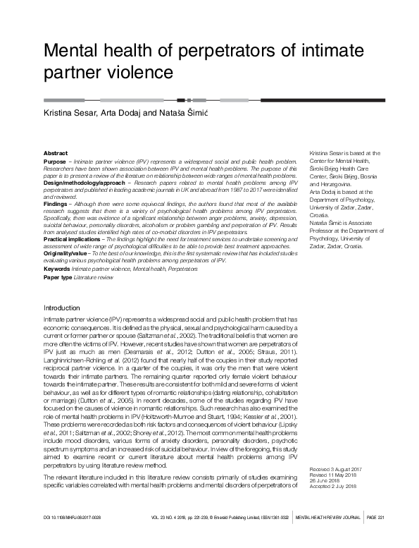 (PDF) Mental health of perpetrators of intimate partner violence