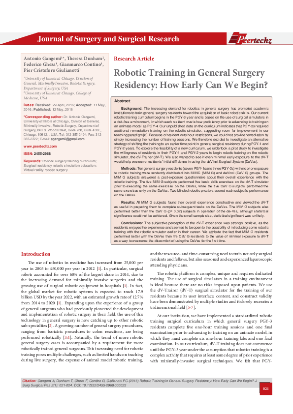 (PDF) Robotic Training in General Surgery Residency: How Early Can We ...