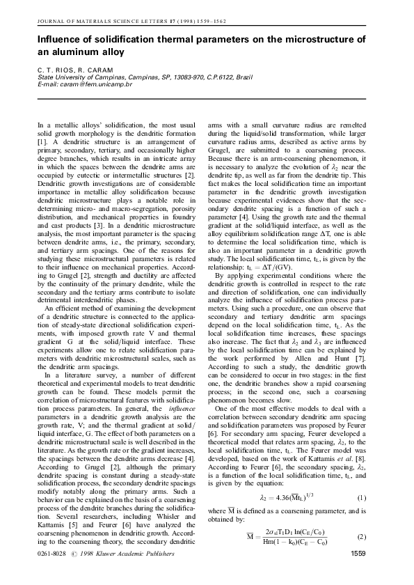 (PDF) Influence of Solidification Thermal Parameters on the ...