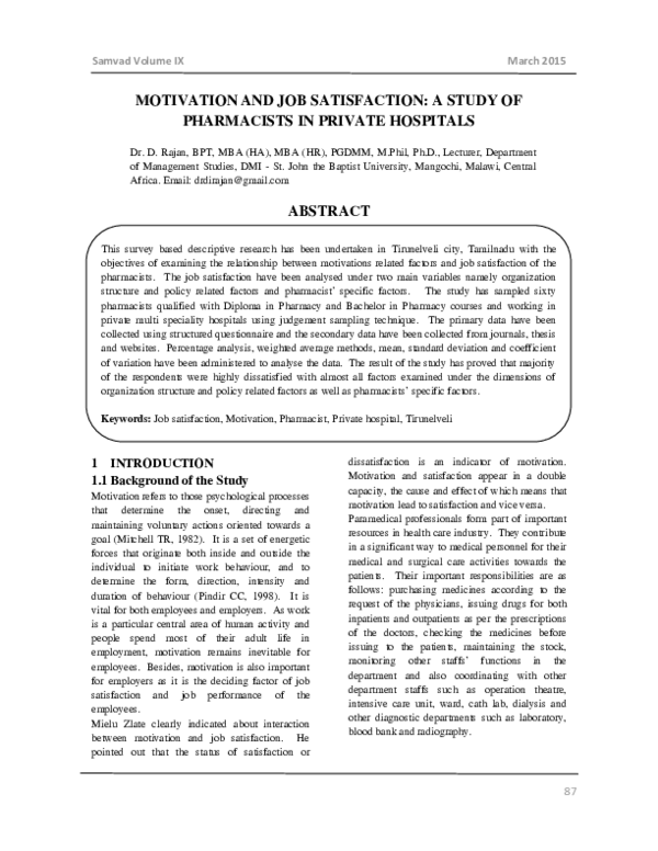 (PDF) MOTIVATION AND JOB SATISFACTION: A STUDY OF PHARMACISTS IN ...