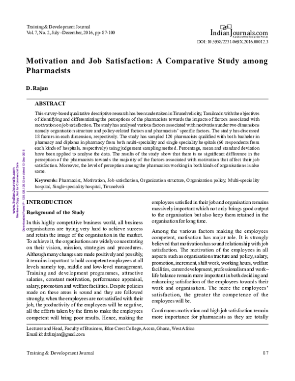 (PDF) MOTIVATION AND JOB SATISFACTION A COMP STUDY