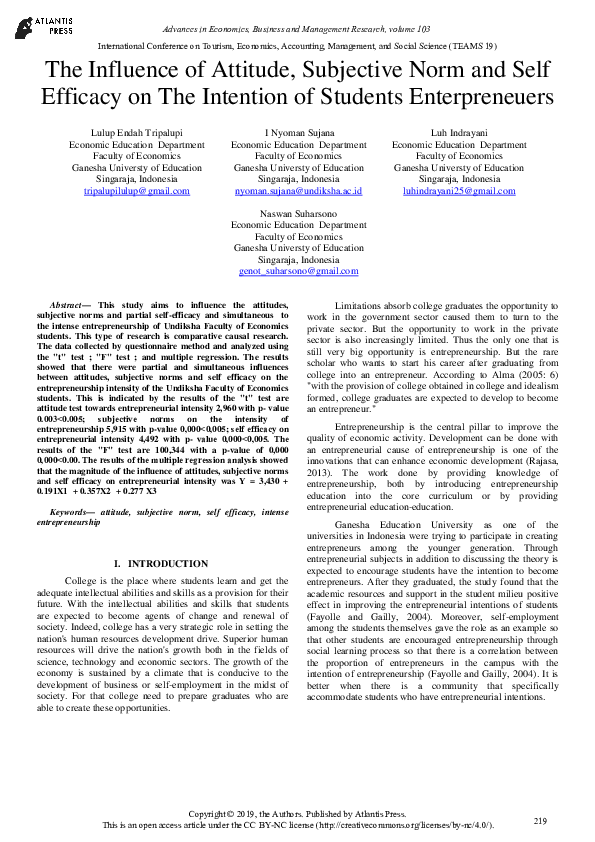 (PDF) The Influence Of Attitude, Subjective Norm and Self Efficacy On ...
