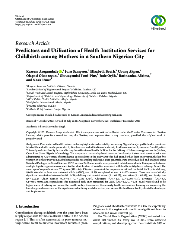 (PDF) Predictors and Utilization of Health Institution Services for ...