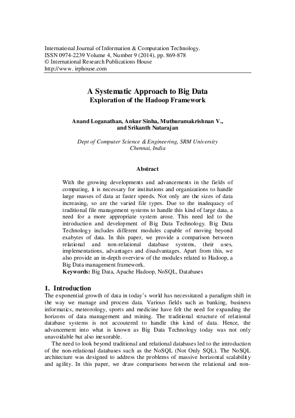 (PDF) A Systematic Approach to Big Data Exploration of the Hadoop Framework