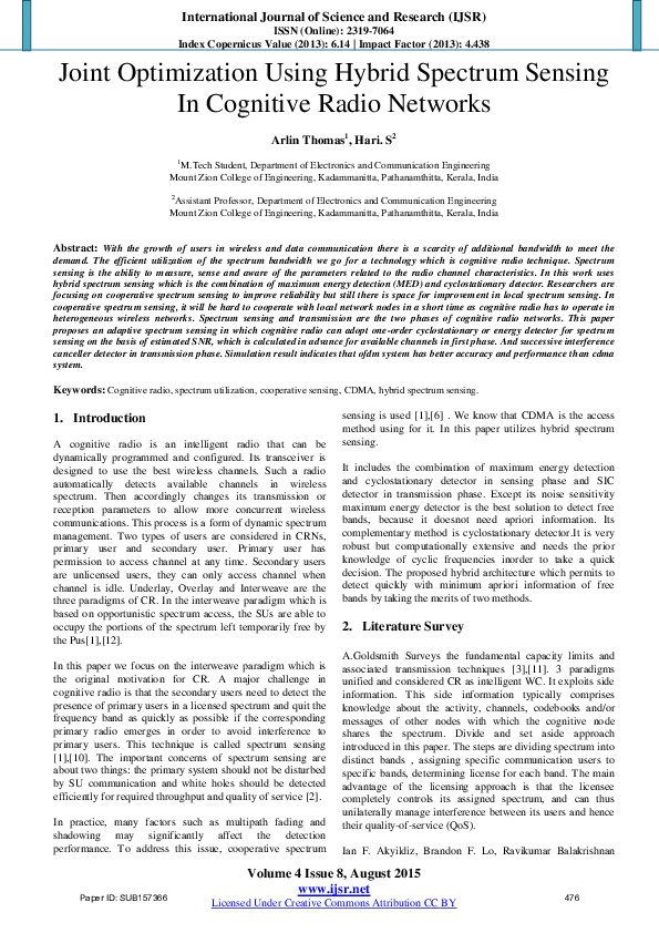 (PDF) Joint Optimization Using Hybrid Spectrum Sensing In Cognitive ...