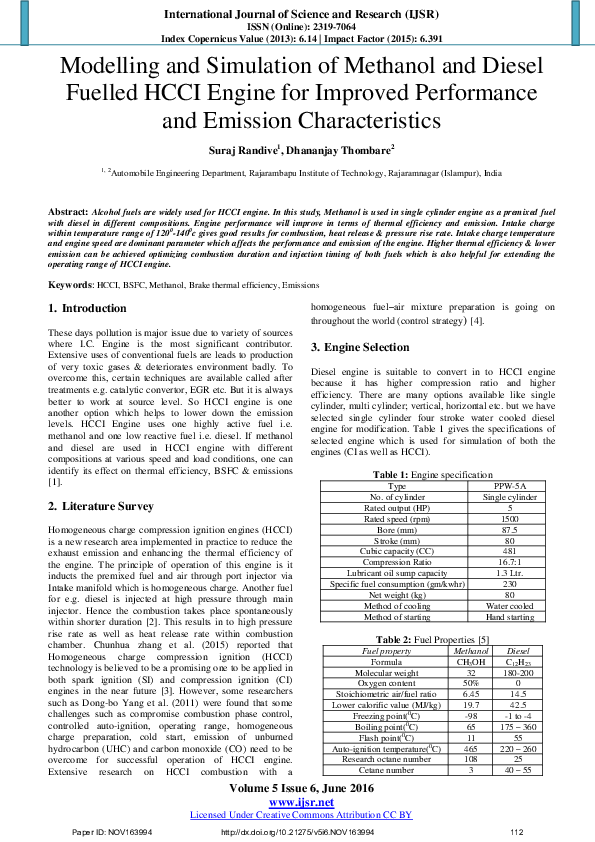 (PDF) Modelling and Simulation of Methanol and Diesel Fuelled HCCI ...