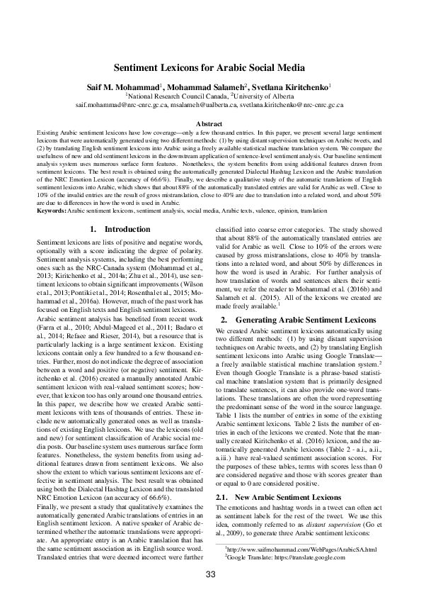(PDF) Sentiment Lexicons for Arabic Social Media