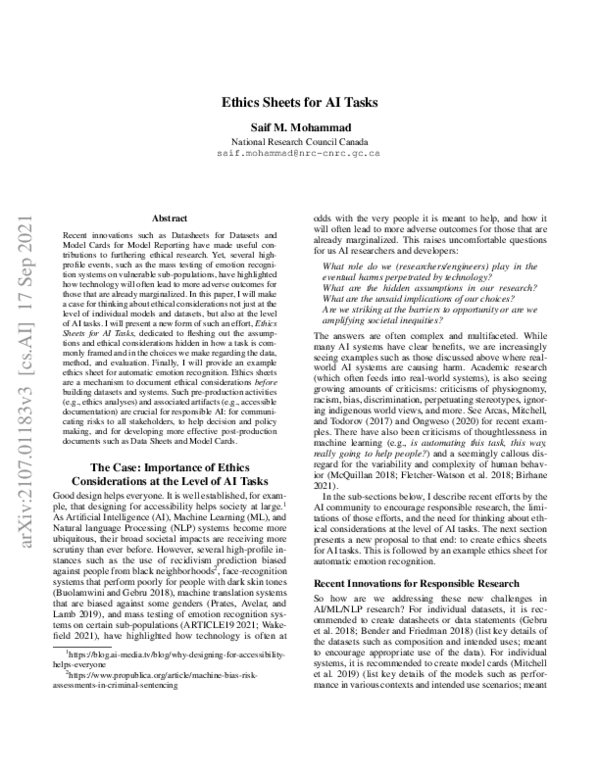 (PDF) Ethics Sheets for AI Tasks Saif M Mohammad Academia.edu