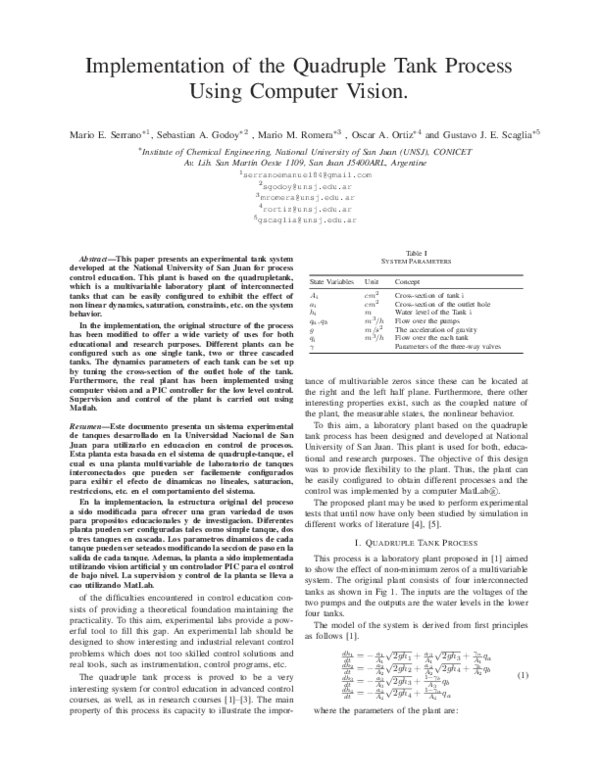 (PDF) Implementation of the Quadruple Tank Process Using Computer Vision
