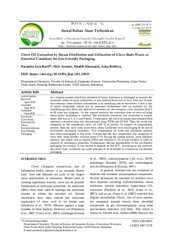 (PDF) Clove Oil Extraction by Steam Distillation and Utilization of