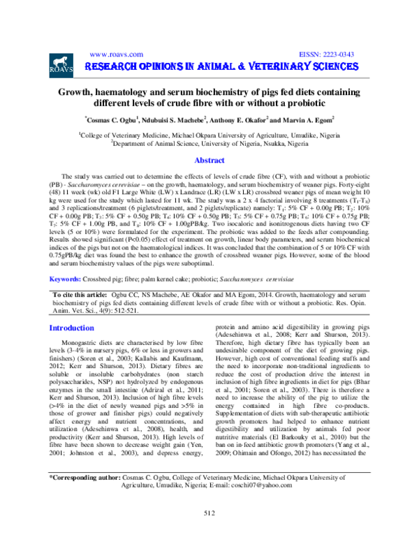 (PDF) Growth, haematology and serum biochemistry of pigs fed diets ...