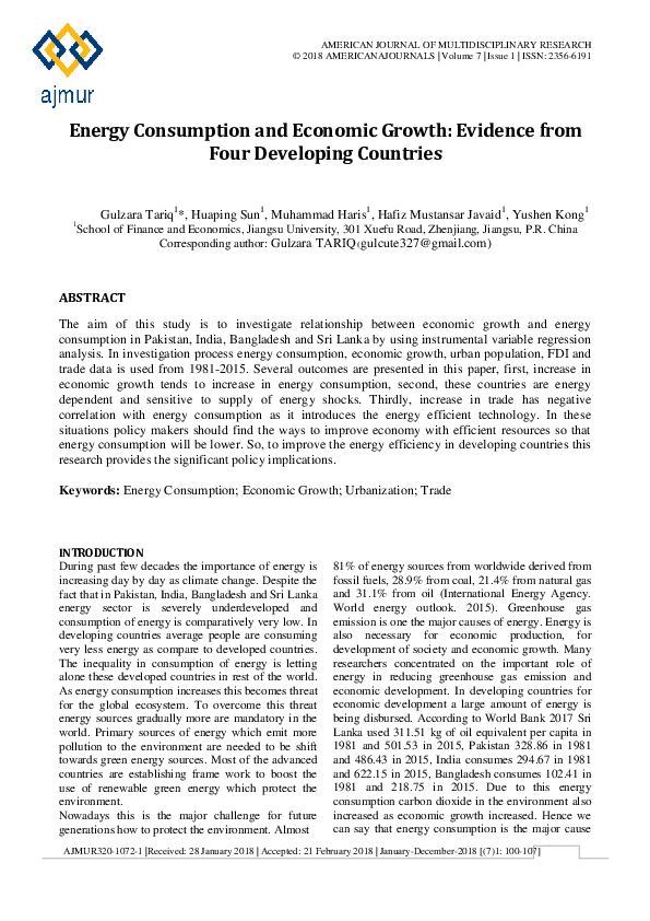 (PDF) Energy Consumption and Economic Growth: Evidence from Four ...
