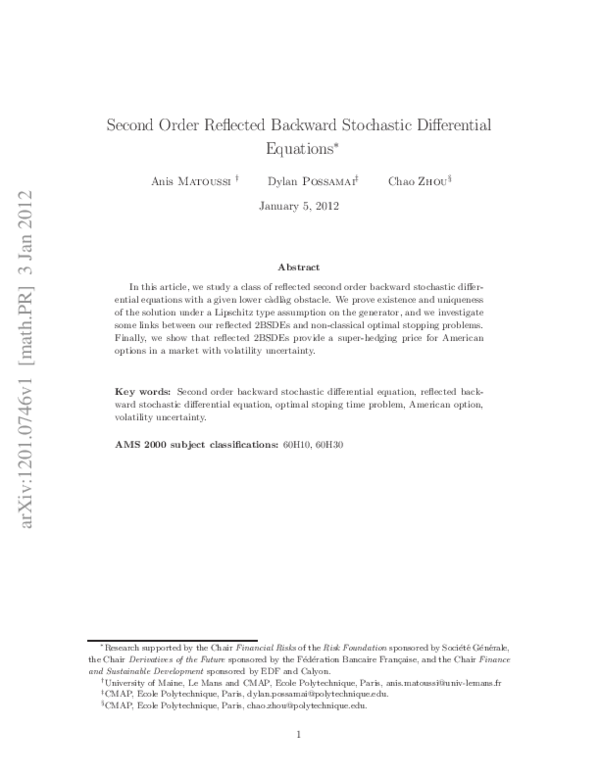 (PDF) Second order reflected backward stochastic differential equations