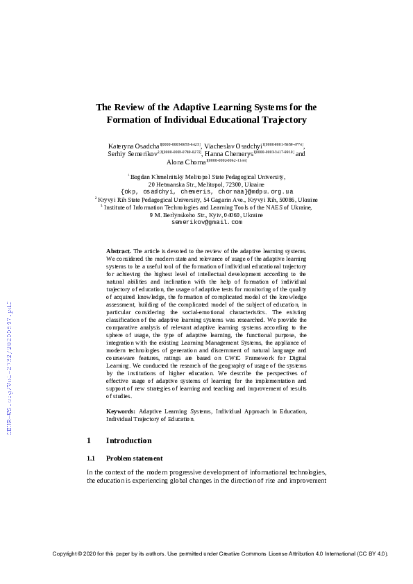 (PDF) The Review of the Adaptive Learning Systems for the Formation of ...