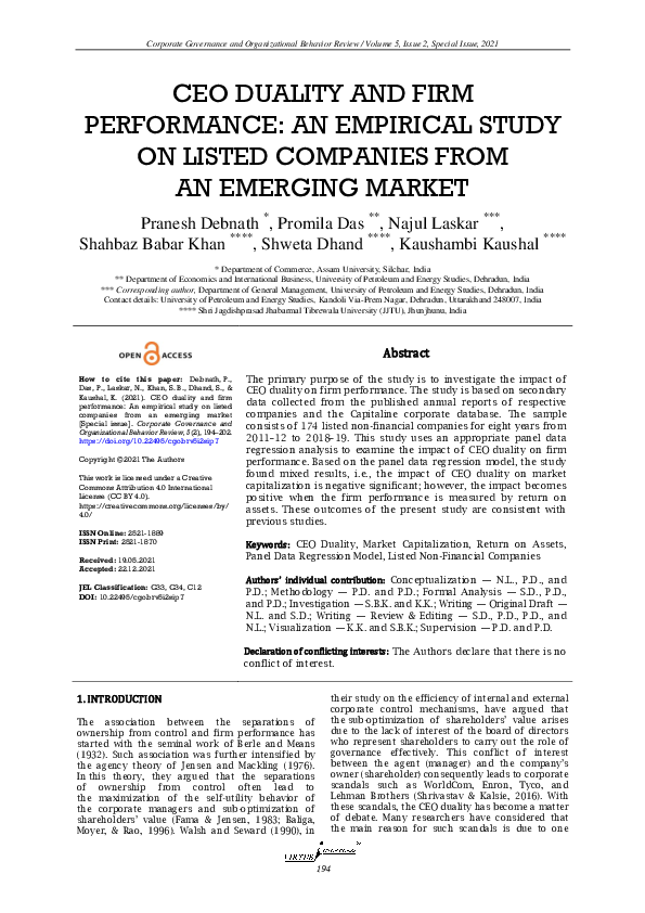 (PDF) CEO duality and firm performance: An empirical study on listed ...