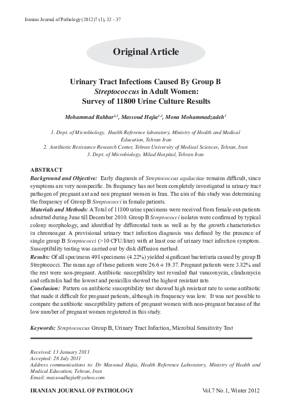 (PDF) Urinary Tract Infections Caused By Group B Streptococcus in Adult Women Survey of 11800