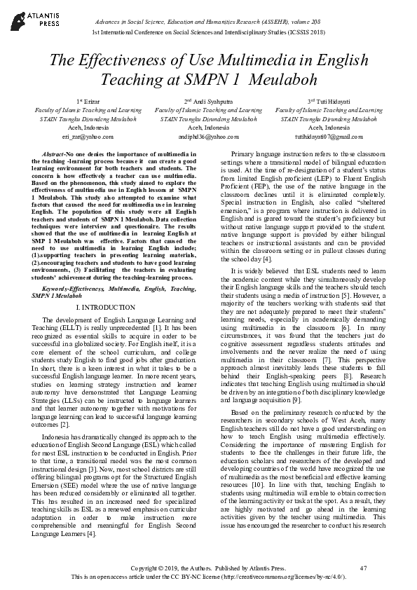 (PDF) The Effectiveness of Use Multimedia in English Teaching at SMPN 1 ...