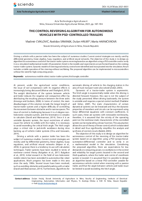 (PDF) The Control Reversing Algorithm for Autonomous Vehicles with PSD ...