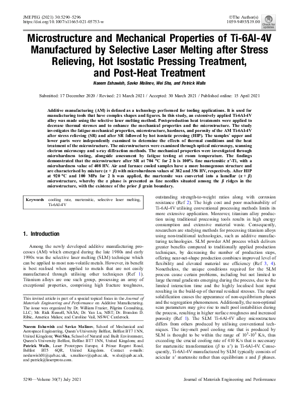 (PDF) Microstructure and Mechanical Properties of Ti-6Al-4V ...