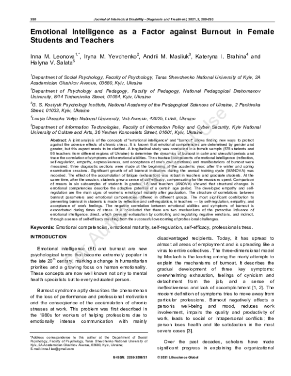 (PDF) Emotional Intelligence as a Factor against Burnout in Female ...