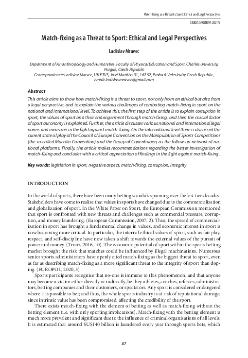 (PDF) Match-fixing as a Threat to Sport: Ethical and Legal Perspectives