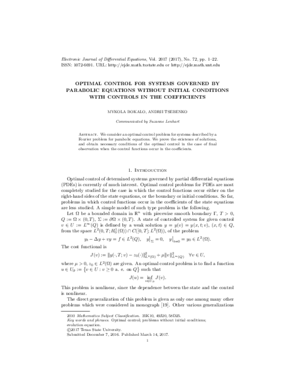 (PDF) Optimal Control for Systems Governed by Parabolic Equations ...