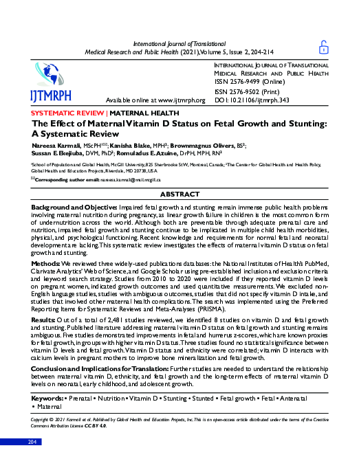 (PDF) The Effect of Maternal Vitamin D Status on Fetal Growth and ...
