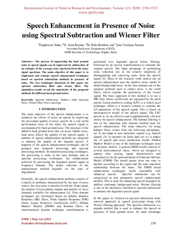 (PDF) Speech Enhancement in Presence of Noise using Spectral ...