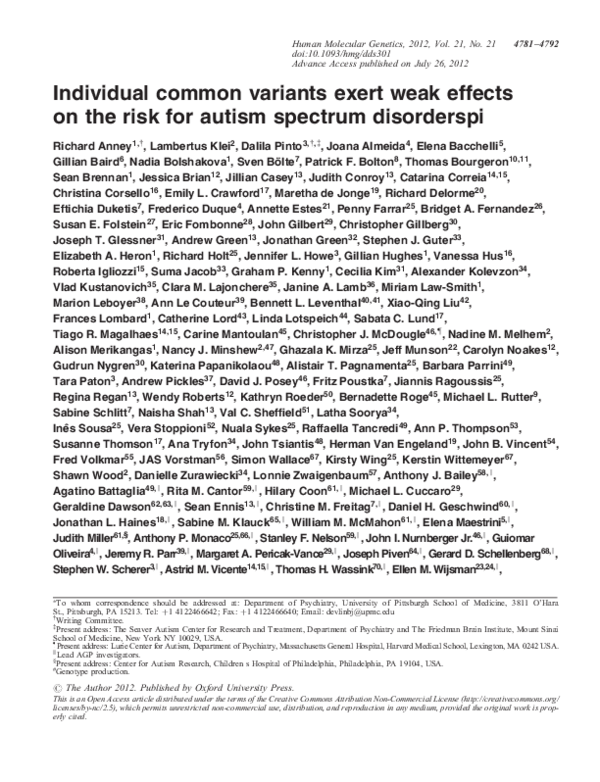 (PDF) Individual common variants exert weak effects on risk for Autism ...