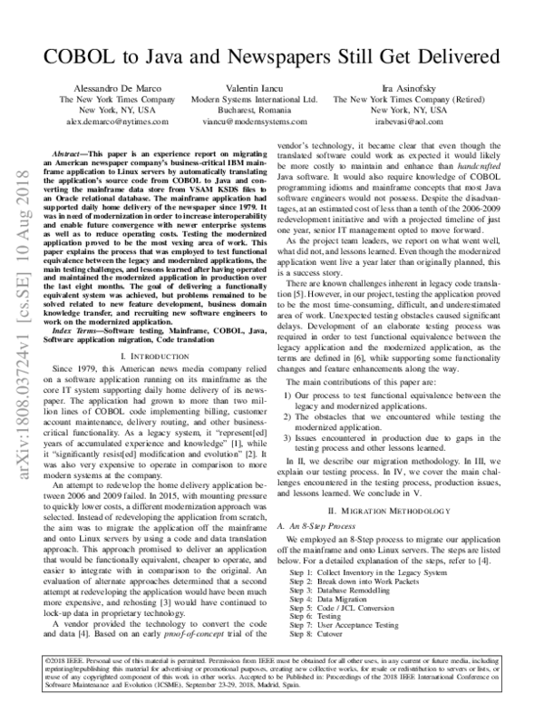 (PDF) COBOL to Java and Newspapers Still Get Delivered