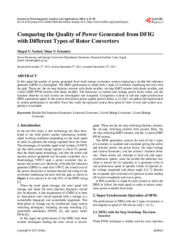 (PDF) Comparing the Quality of Power Generated from DFIG with Different ...