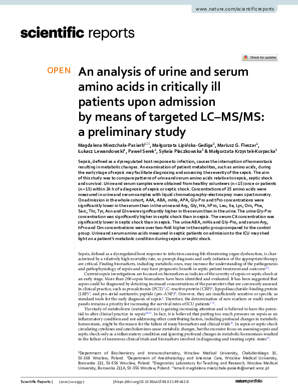 (PDF) An analysis of urine and serum amino acids in critically ill ...