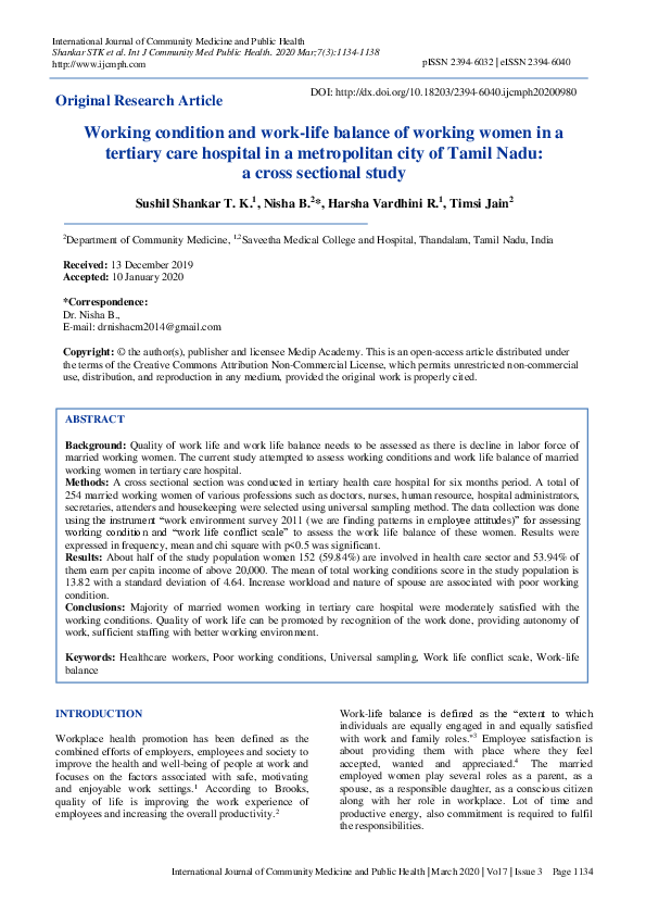 (PDF) Working condition and work-life balance of working women in a ...