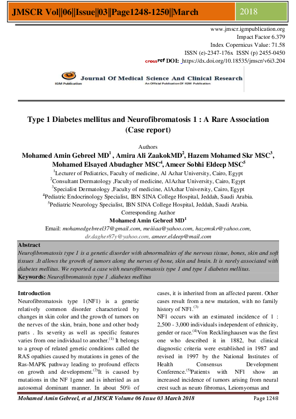 (PDF) Type 1 Diabetes mellitus and Neurofibromatosis 1 : A Rare ...