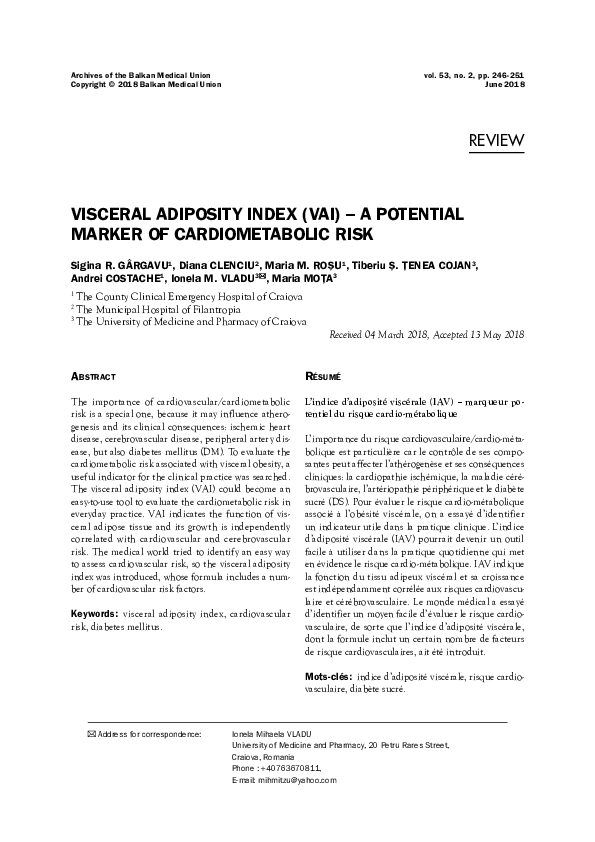 (PDF) Visceral Adiposity Index (Vai) – a Potential Marker of ...