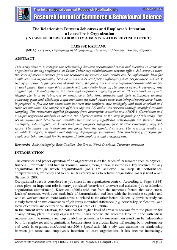 (PDF) The Relationship Between Job Stress and Employee’s Intention to ...