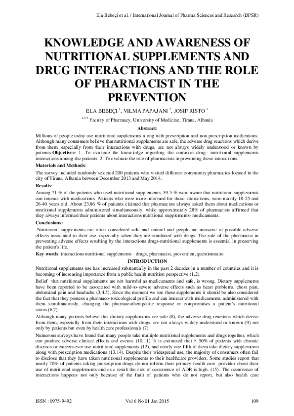 (PDF) Knowledge and Awareness of Nutritional Supplements and Drug ...