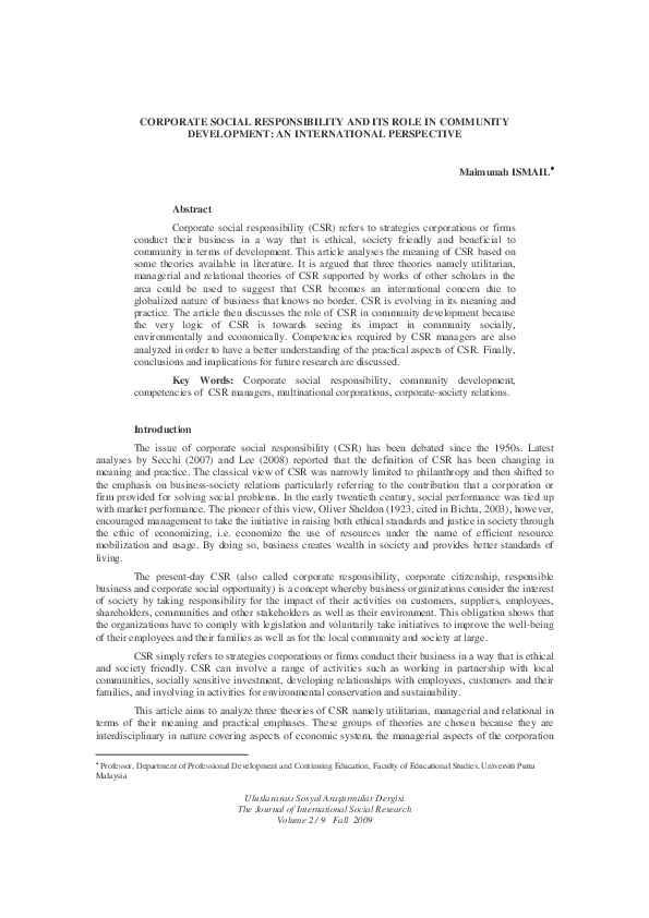 (PDF) Corporate Social Responsibility and its Role in Community ...