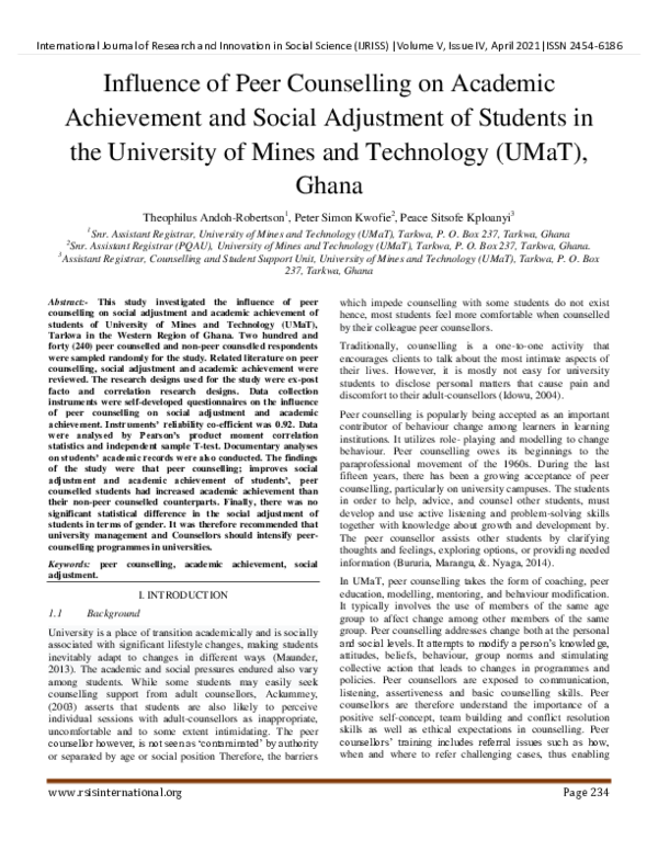 (PDF) Influence of Peer Counselling on Academic Achievement and Social ...