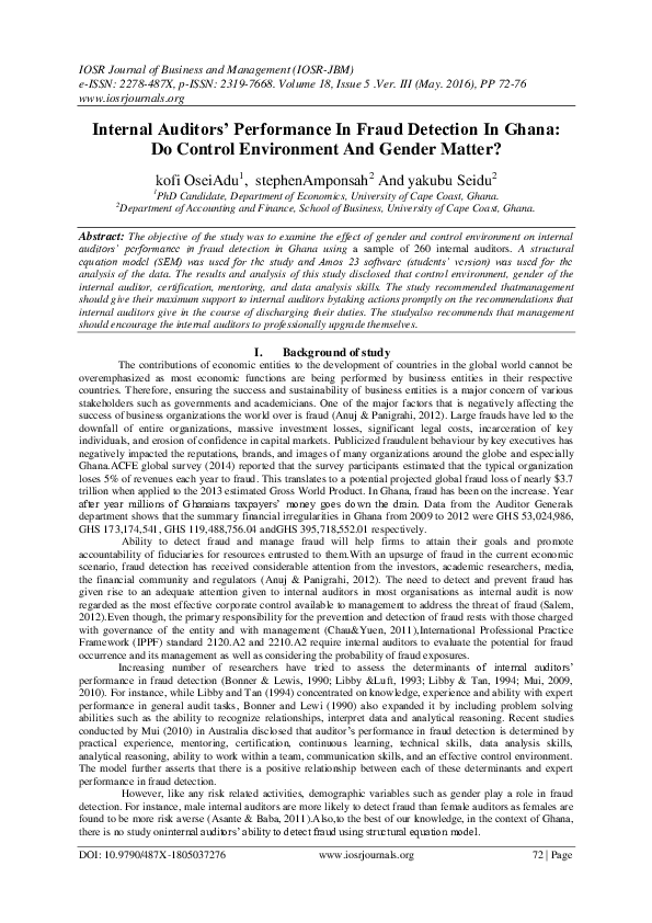 (PDF) Internal Auditors’ Performance In Fraud Detection In Ghana: Do ...