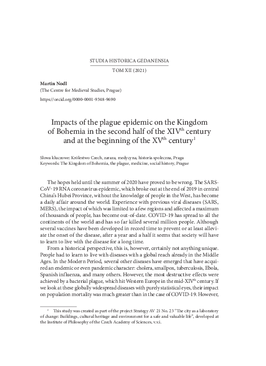 Impacts of the plague epidemic on the Kingdom of Bohemia in the second half of the XIV th century and at the beginning of the XV th century 1