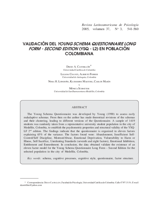(PDF) Validación del Yong Schema Questionnaire Long Form - Second ...