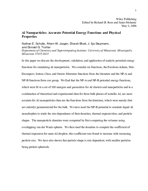 (PDF) Al Nanoparticles: Accurate Potential Energy Functions and ...
